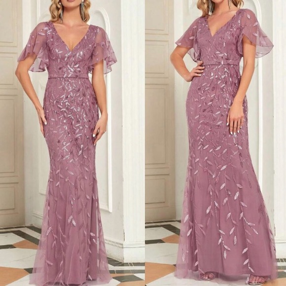 Dresses & Skirts - Luxe floral embroidered mesh sequins party formal prom wedding gown dress